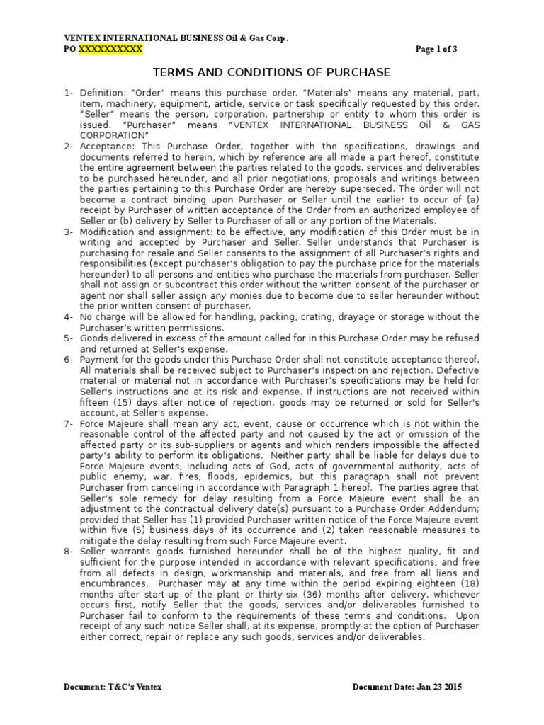 Terms and Conditions of Purchase - Typical Purchase Order | PDF 