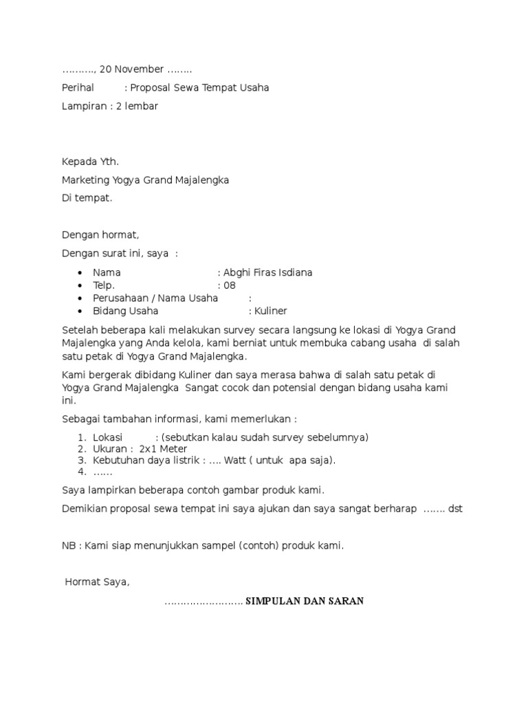 Proposal Sewa Tempat Usaha