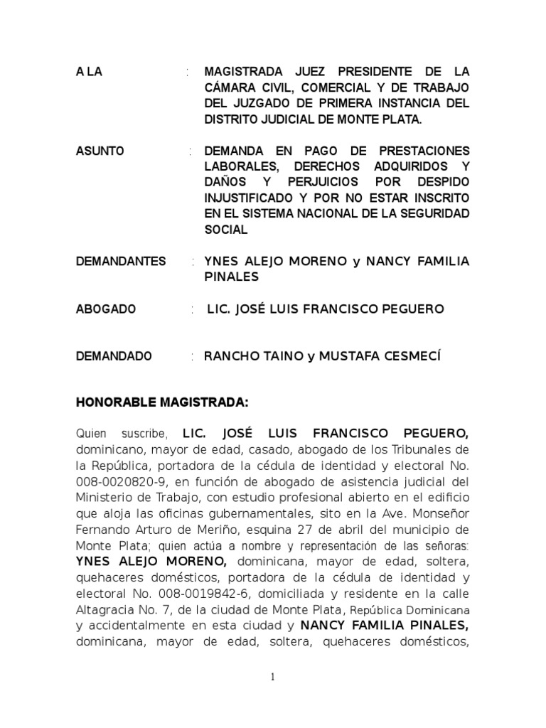 Modelo de demanda laboral por despido injustificado pdf