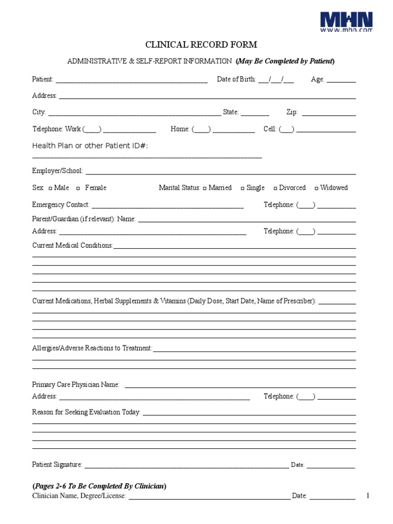 Clinical Record Form Health Care Medical