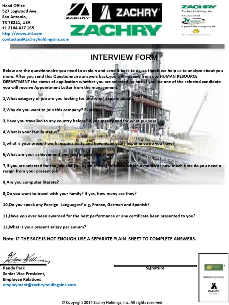 Zachry Holdings Inc. Employment Interview Form