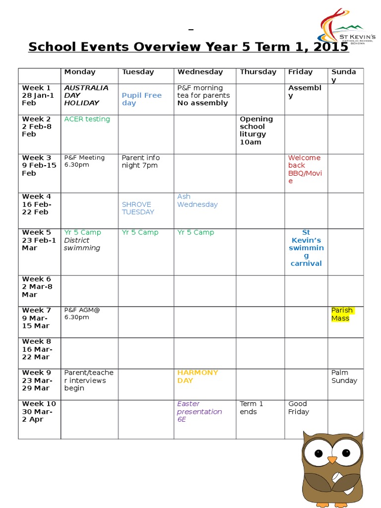 School Events Overview Term 1 2015 Draft | PDF | Religious Holidays ...