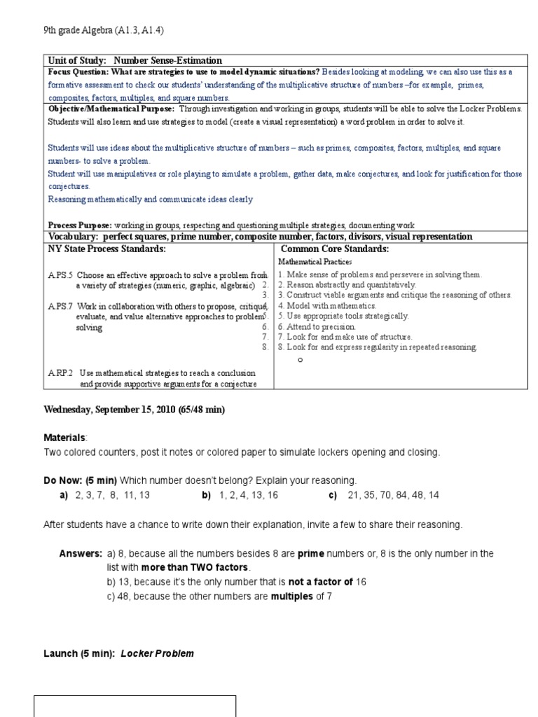 Solving the Locker Problem in Algebra | PDF | Prime Number | Reason