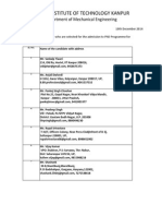 List of Candidates Selected For Admission To PHD Programme For Semester 2014-15-II, ME, IIT Kanpur