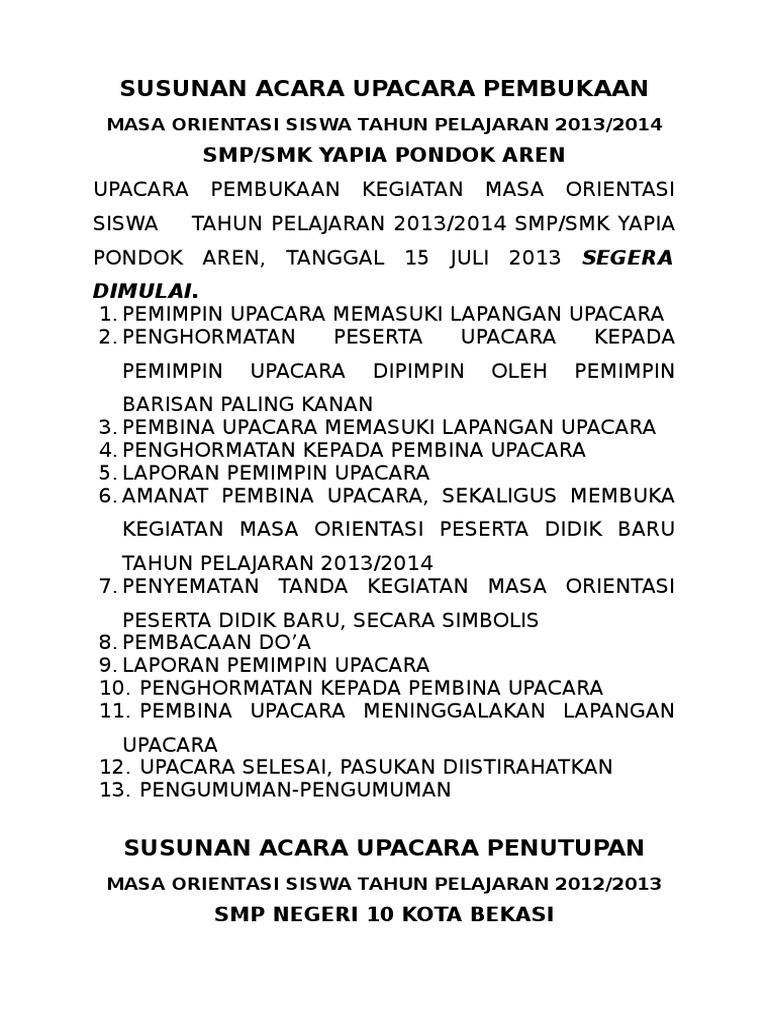 Susunan Upacara Pembukaan Mos