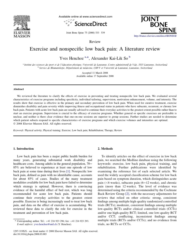 Exercise and Nonspecific Low Back Pain A Literature Review | PDF | Low ...