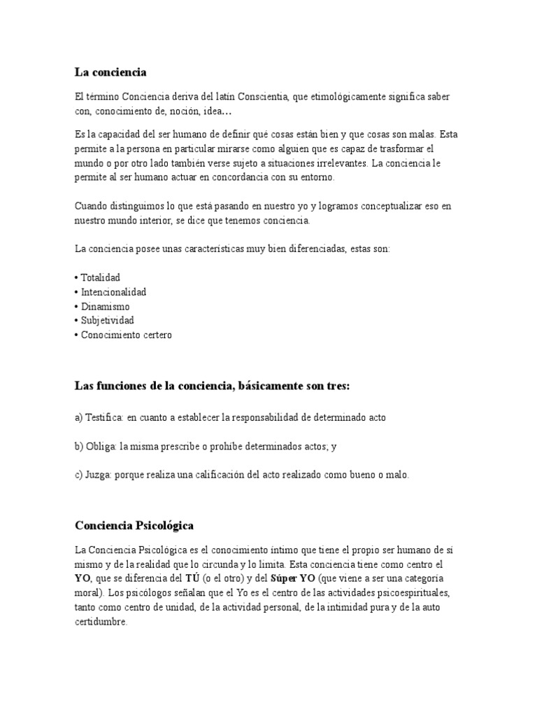 Definición y funciones de la conciencia | PDF | Moralidad | Conciencia