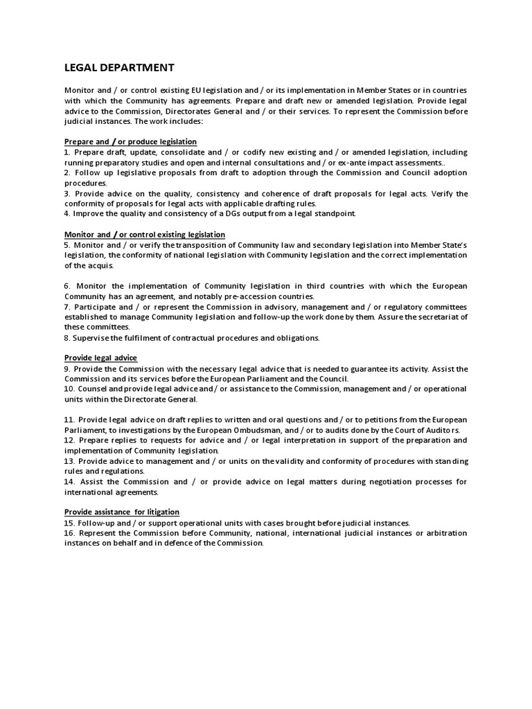 Legal Department Prepare and / or Produce Legislation PDF European Union Law Member State