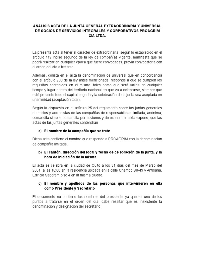 Analisis Acta De La Junta General Extraordinaria Y Universal De