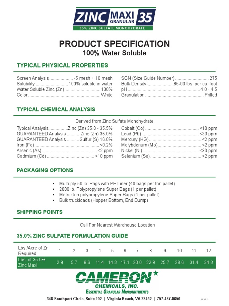 Zinc Sulfate 35 Maxi Granular Spec Sheet CCI Zinc Cadmium