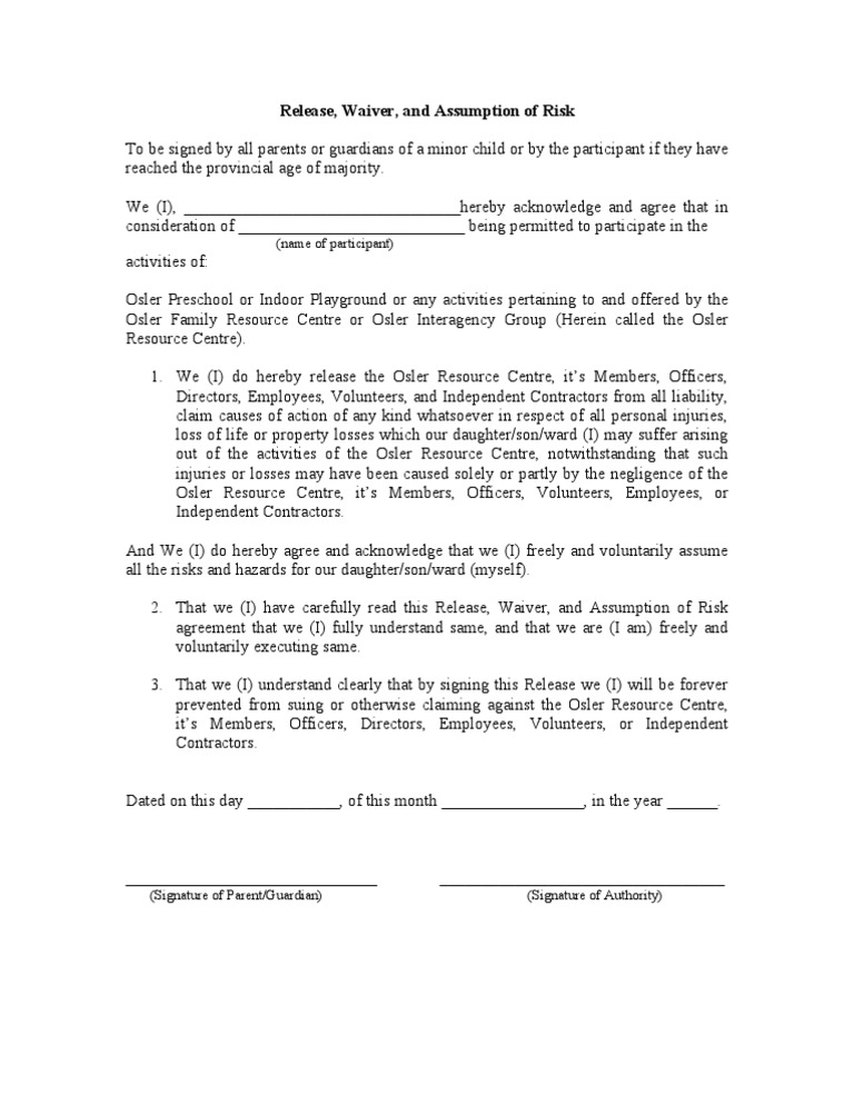 Assumption of Risk Waiver Form | PDF