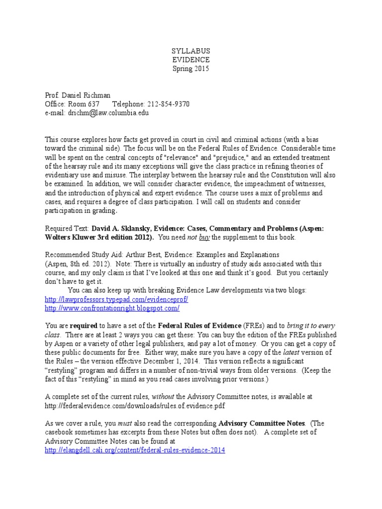 Evidence Syllabus Download Free PDF Federal Rules Of Evidence Hearsay