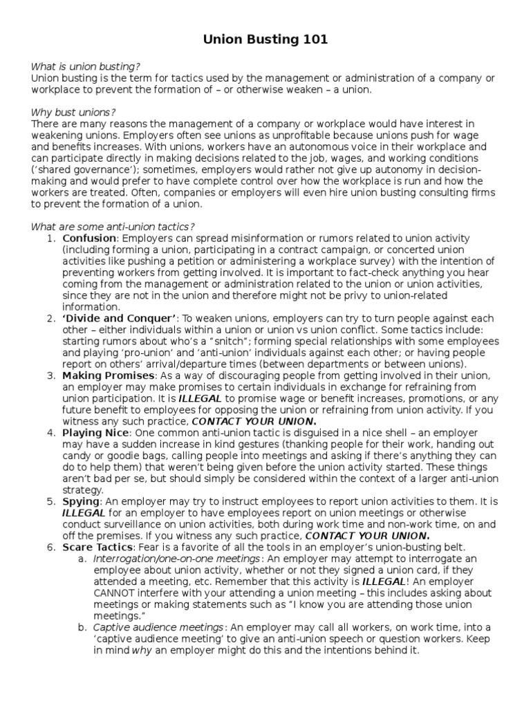 Union Busting 101 PDF Union Busting Employment