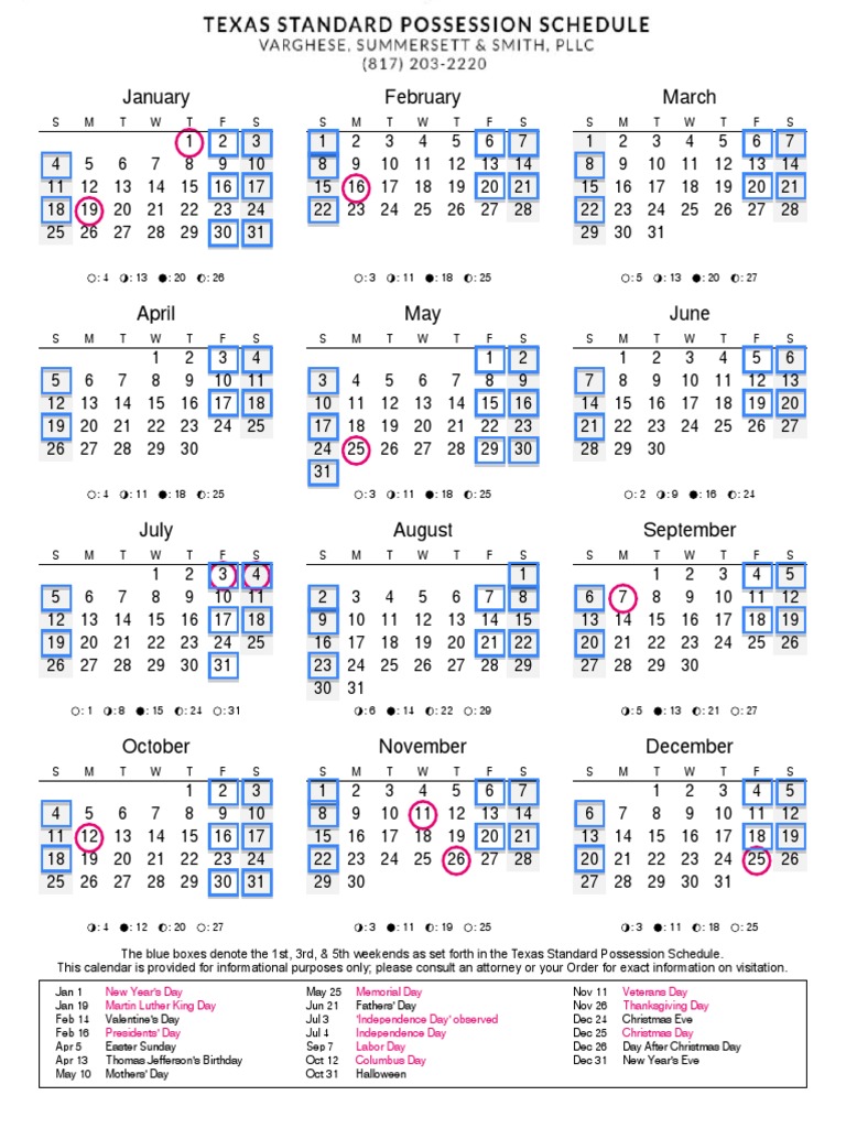 Texas Standard Possession Calendar PDF Recurring Events Traditions