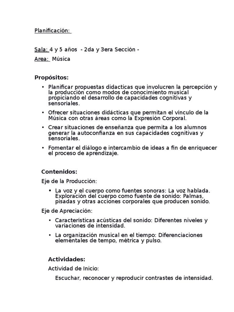 Planificacion Musica Jardin de Infantes | PDF