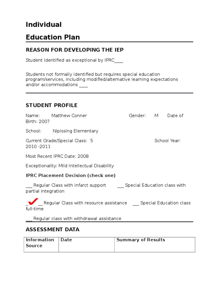 Sample Iep PDF Special Education Educational Assessment