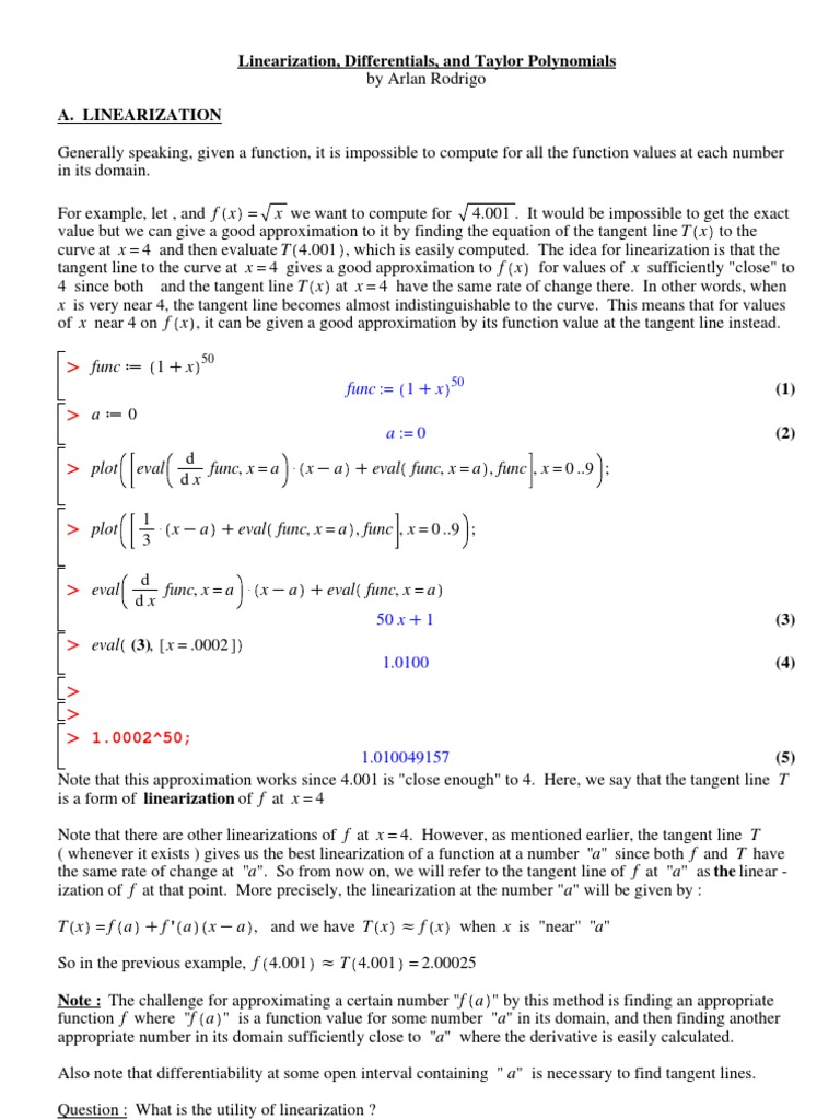 Linearization and Differentials PDF PDF Derivative Polynomial