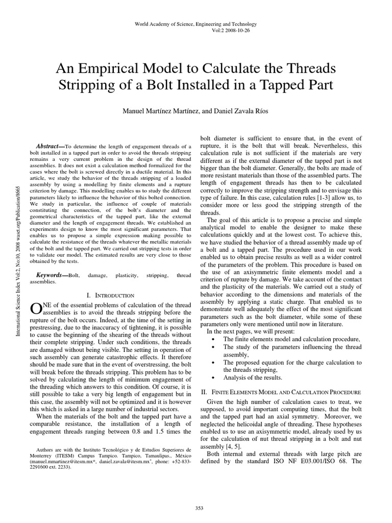 An Empirical Model To Calculate The Threads Stripping of A Bolt ...
