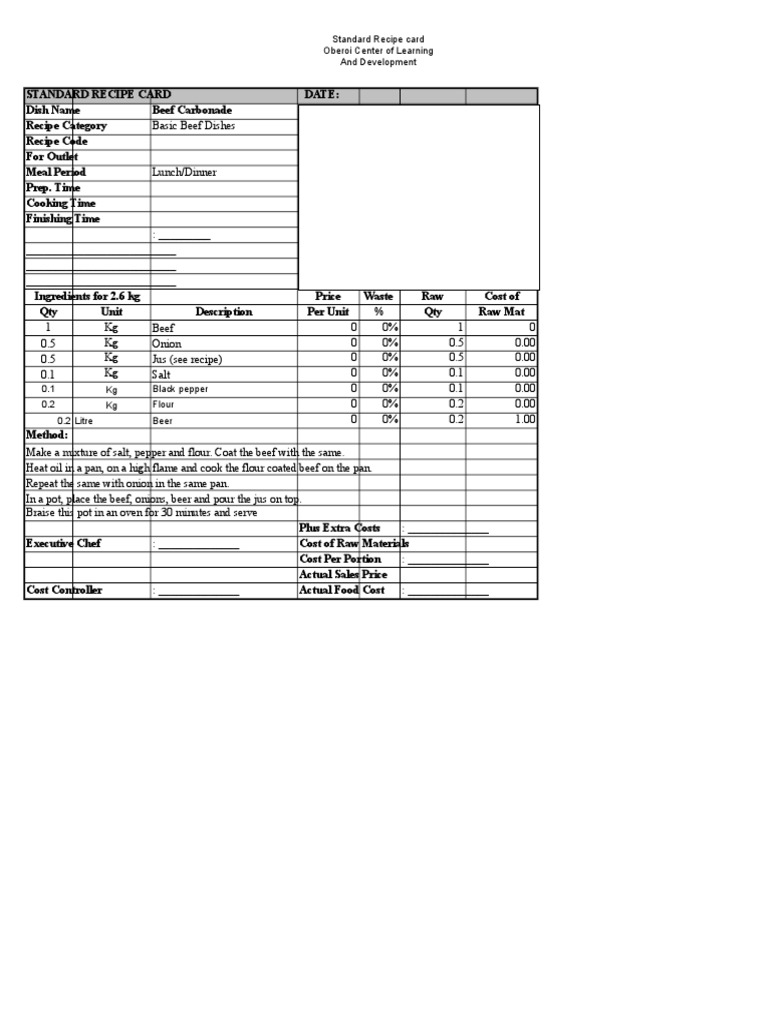Standard Recipe Card Oberoi Center of Learning and Development | PDF