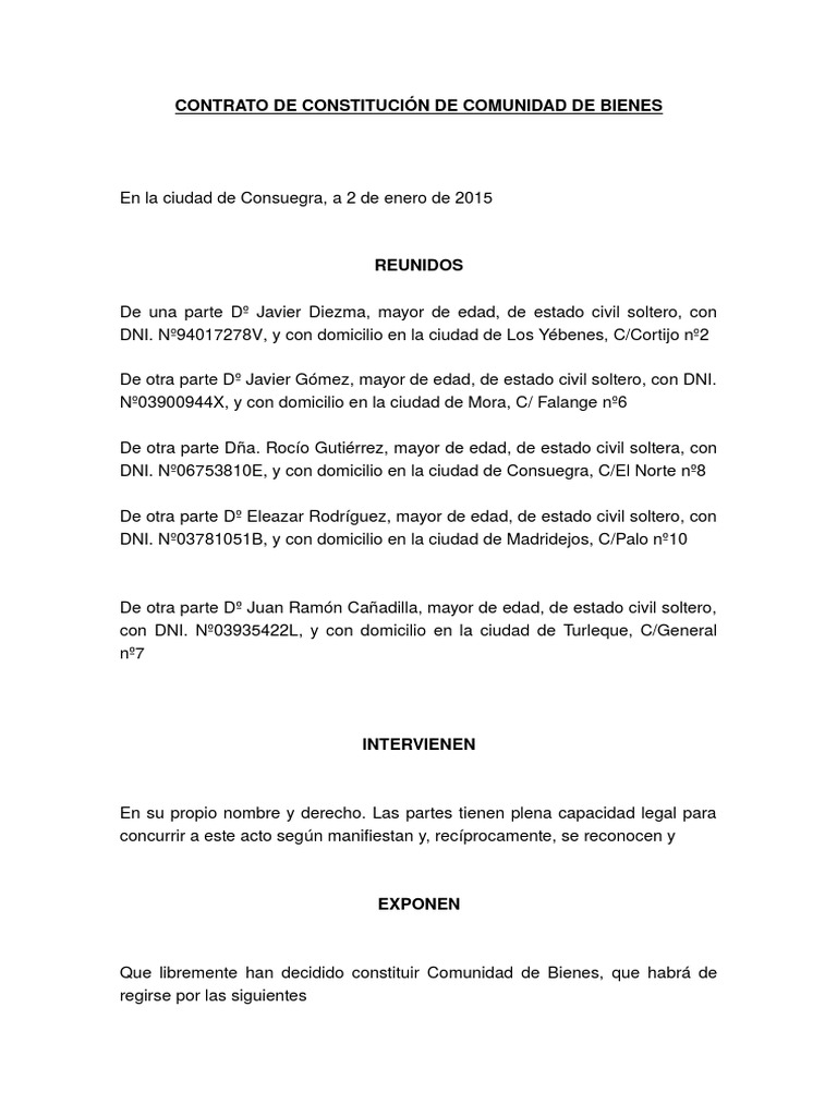 Contrato de Constitución de Comunidad de Bienes Gobierno Política