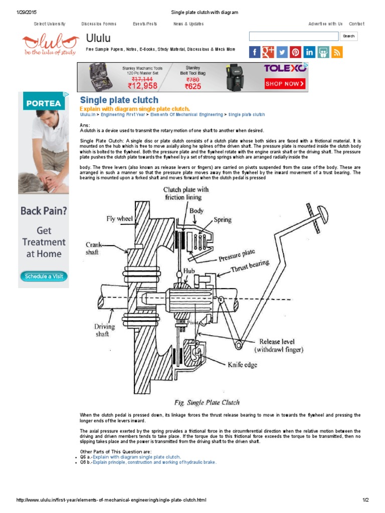 Single Plate Clutch With Diagram Clutch Kinematics