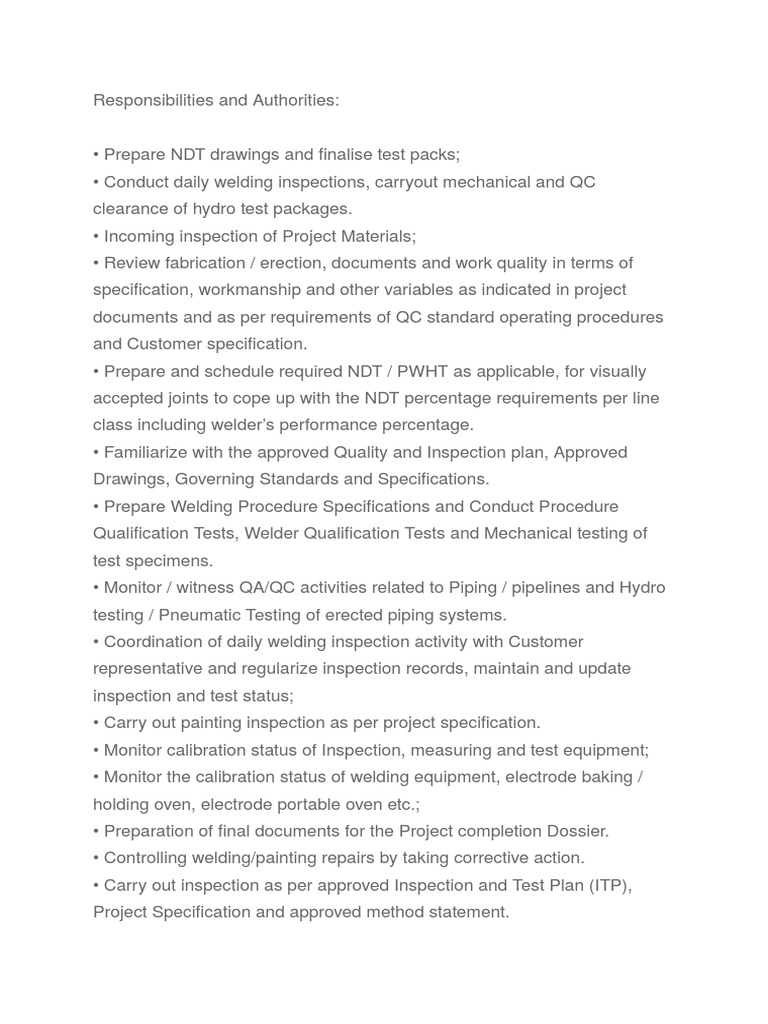 Responsibilities of QC Engineer Welding Specification (Technical