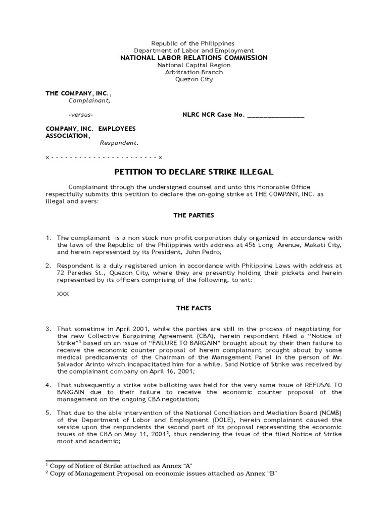 Petition to Declare Strike Illegal | PDF | Strike Action | United ...