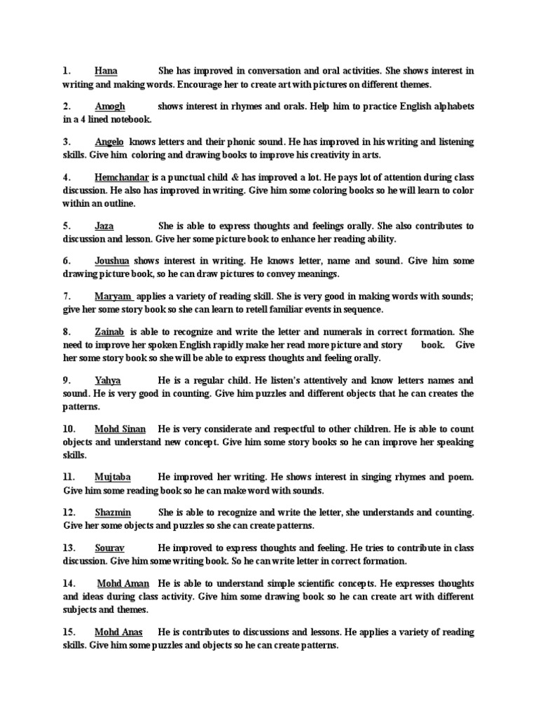 children report card comments | books | conversation