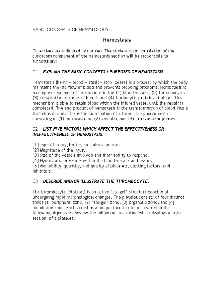 Basic Concepts of Hematology (Hemostasis) | PDF | Coagulation | Platelet