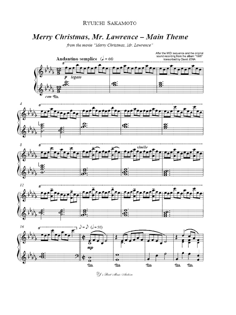 Ryuichi Sakamoto - Merry Christmas, Mr Lawrence - Main Theme | Pdf | Entertainment (General) | Christmas