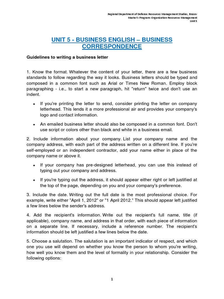 Unit 5 Business English Business Correspondence Guidelines To