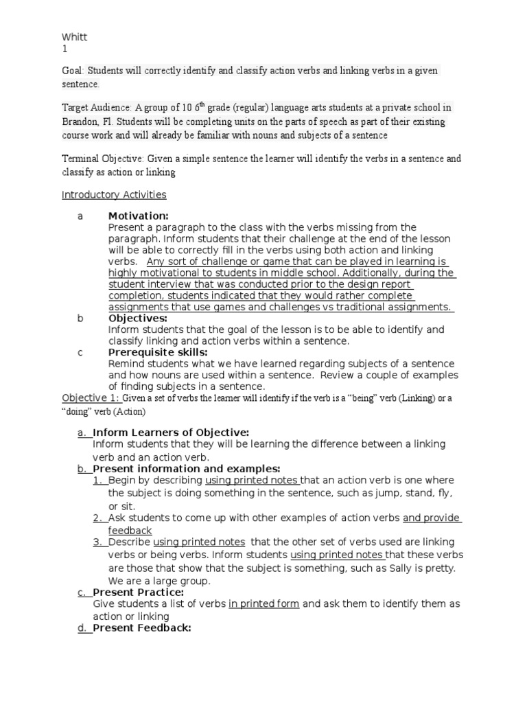 Action and Linking Verbs Lesson Plan | PDF | Verb | Subject (Grammar)