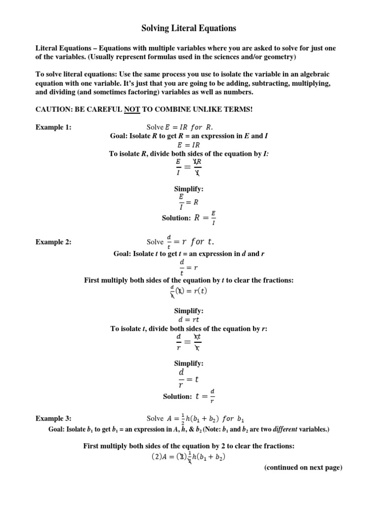 Practice Solving Literal Equations | PDF | Equations | Fraction ...