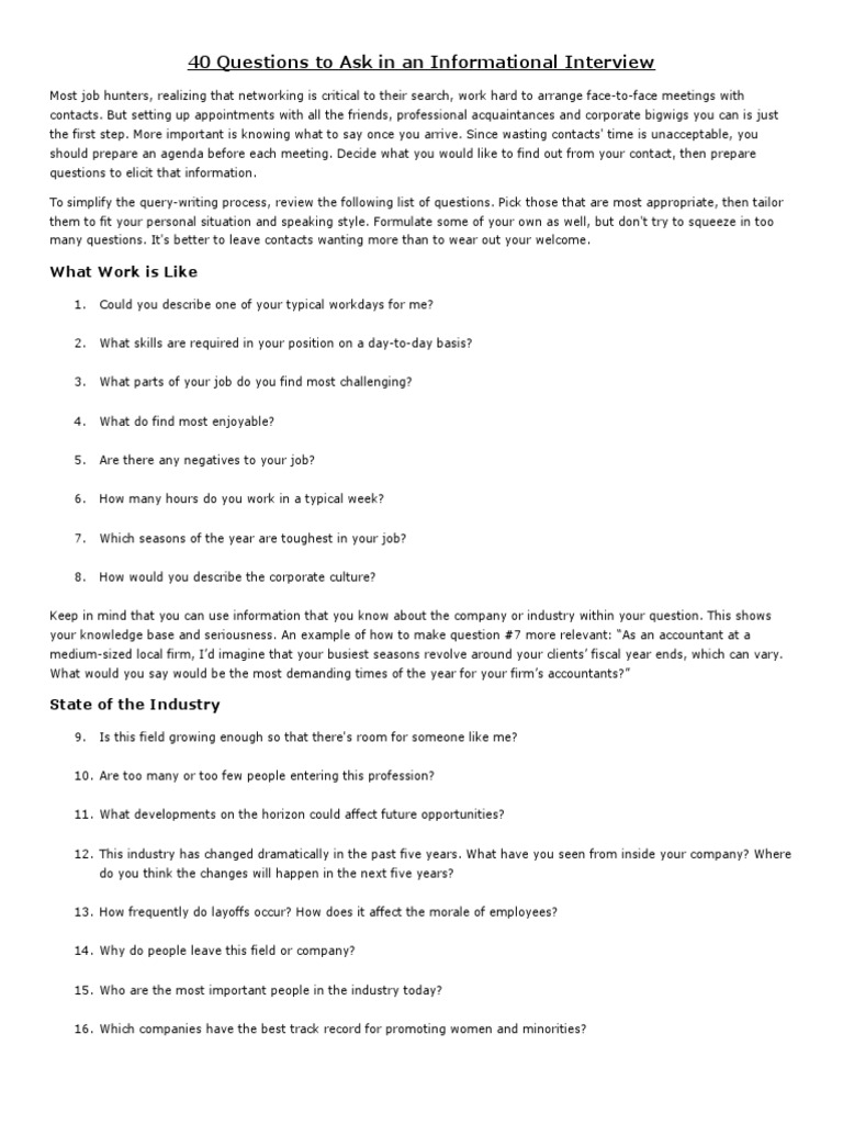 40 Questions To Ask in An Informational Interview PDF Profession