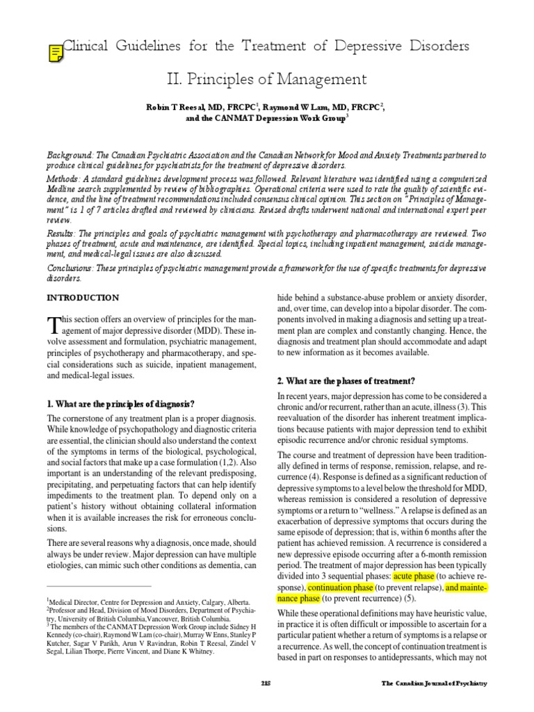 Clinical Guidelines For The Treat Ment of Depressive Disorders | PDF ...