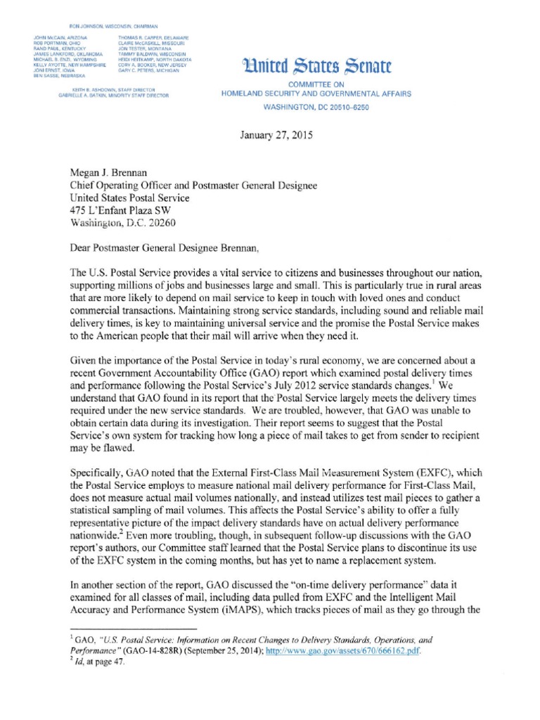 Tester's letter to Postmaster General Megan Brennan