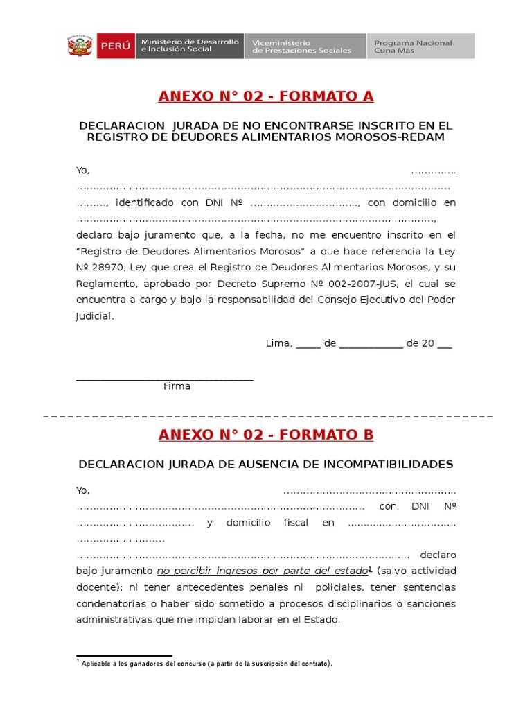 Declaracion Jurada de No Encontrarse Inscrito en El Registro de ...