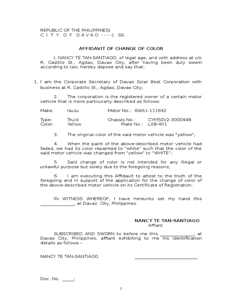 Affidavit of Change of Color of Vehicle  PDF