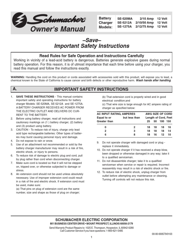 Schumacher Owner's Manual for SE-520MA, SE-5212A, SE-1275A | Battery