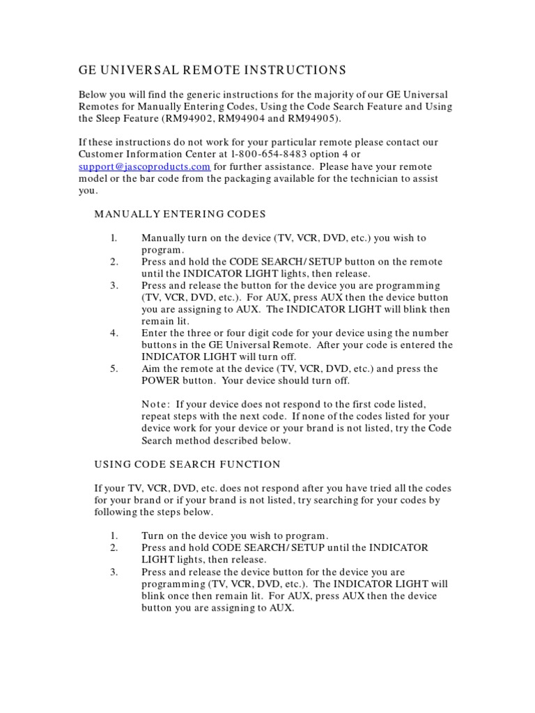 GE Universal Remote Setup Guide | PDF | Videocassette Recorder ...