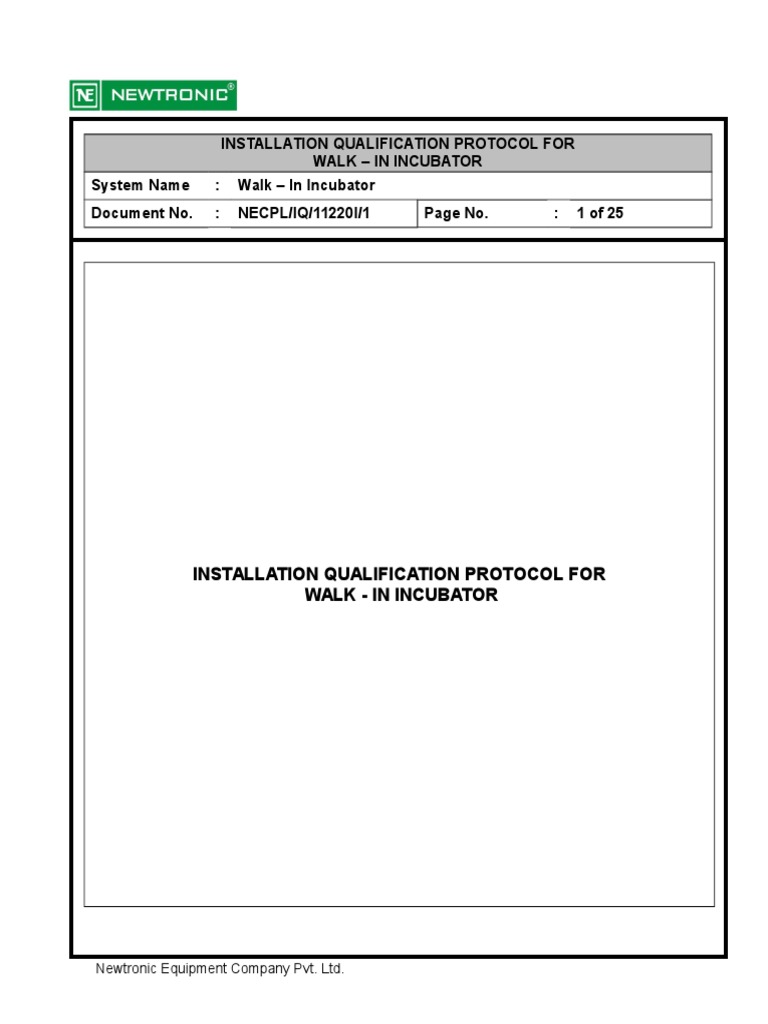 Installation Qualification Protocol For Walk In Incubator System Name
