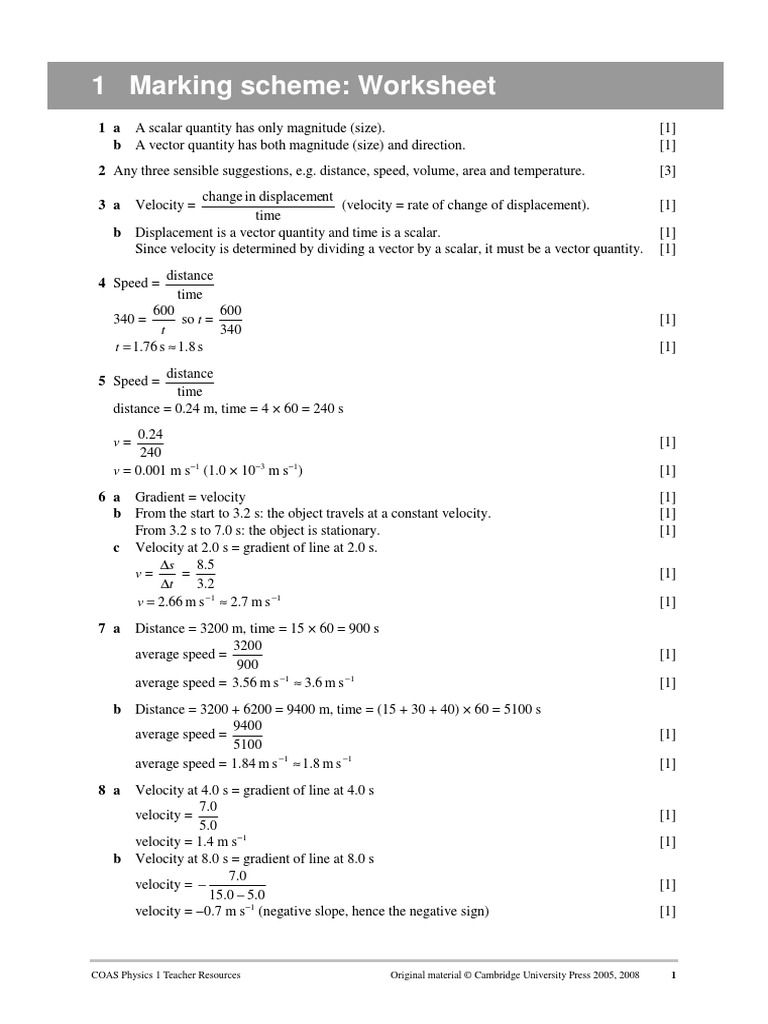 1 Marking Scheme Worksheet Velocity Speed