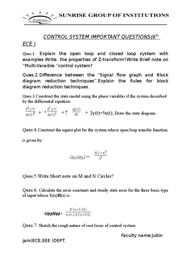 Control System Important Questions | PDF | Science & Mathematics ...