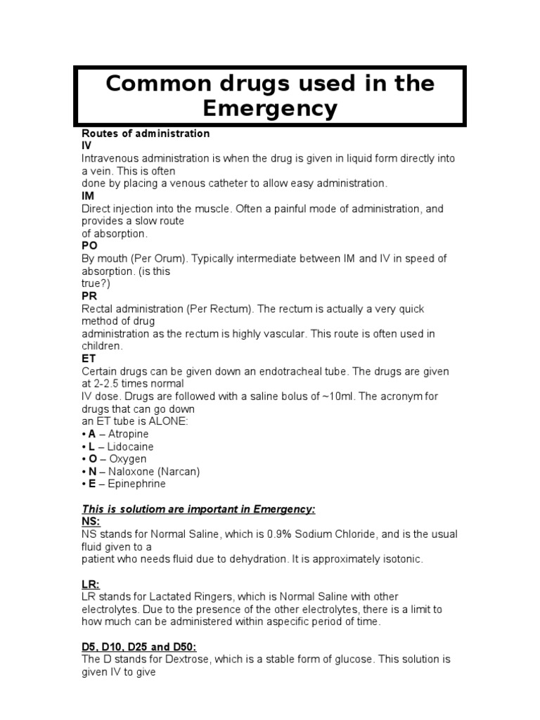 Common Drugs Used in the Emergency Saline (Medicine) Heart