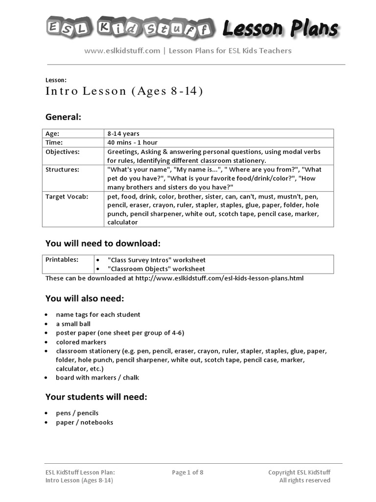 English Intro Lesson Older Kids