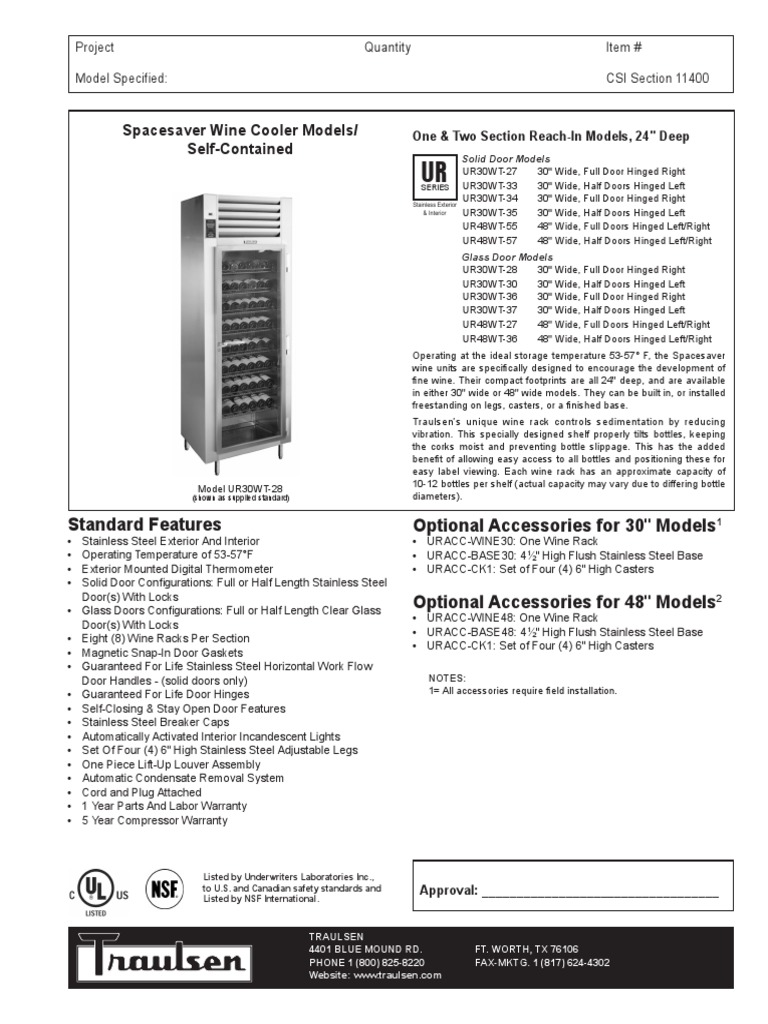 Traulsen UR48WT Wine Refrigerator PDF Door Refrigerator