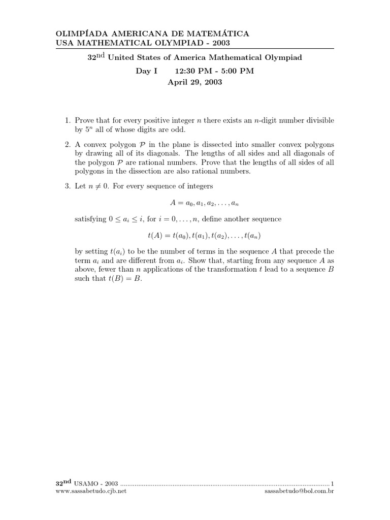 USAMO 2003 Problem Set | PDF | Art | Science & Mathematics
