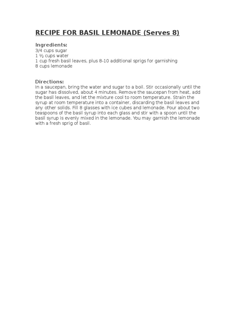 Basil Lemonade Recipe | PDF | Cooking, Food & Wine | Home & Garden