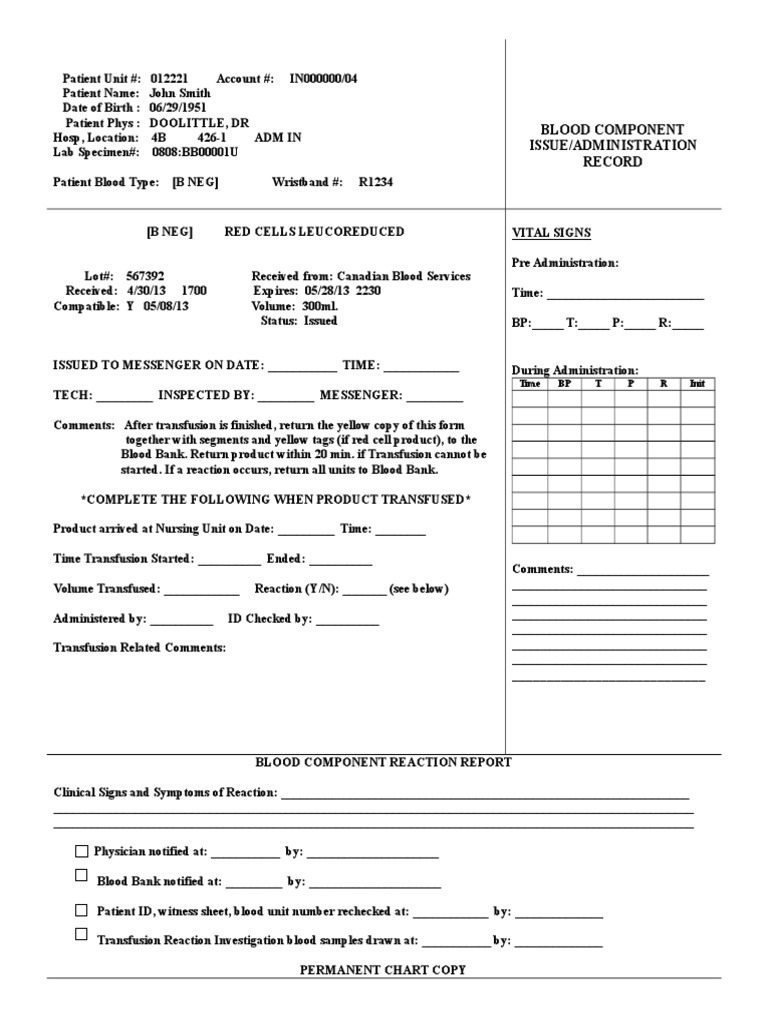 Blood Admin Form Blood Transfusion Blood Type
