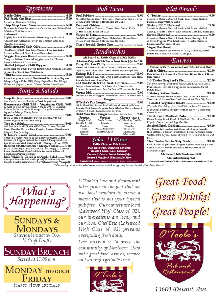 O'Tooles Pub & Restaurant Menu